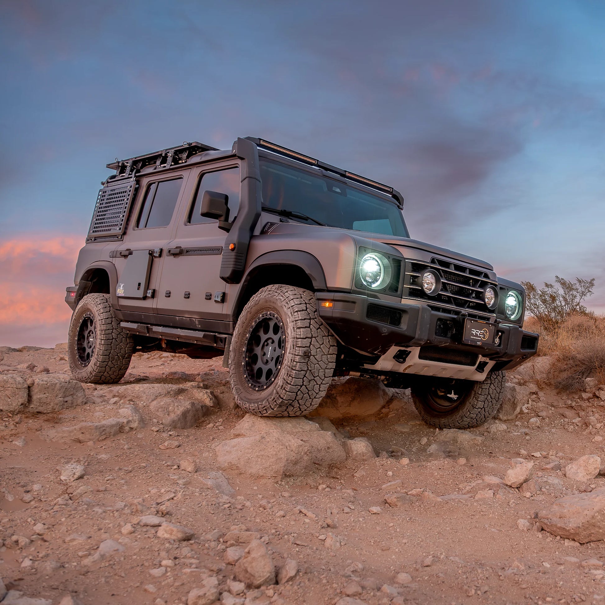 Reiger V5 4-way adjustable dampers and heavy-duty 1.6-inch lift coil springs for Ineos Grenadier suspension system upgrade.