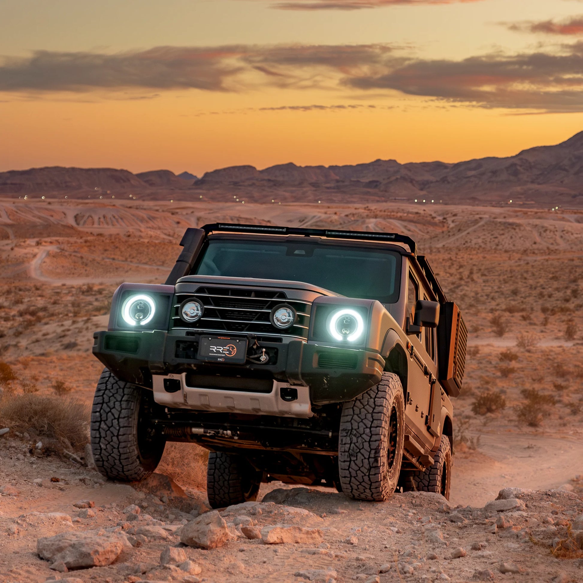 Reiger V5 4-way adjustable dampers and heavy-duty 1.6-inch lift coil springs for Ineos Grenadier suspension system upgrade.