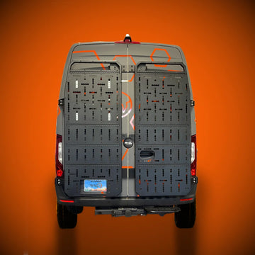 X-Bull aluminum cargo carrier mounted to a Sprinter rear door