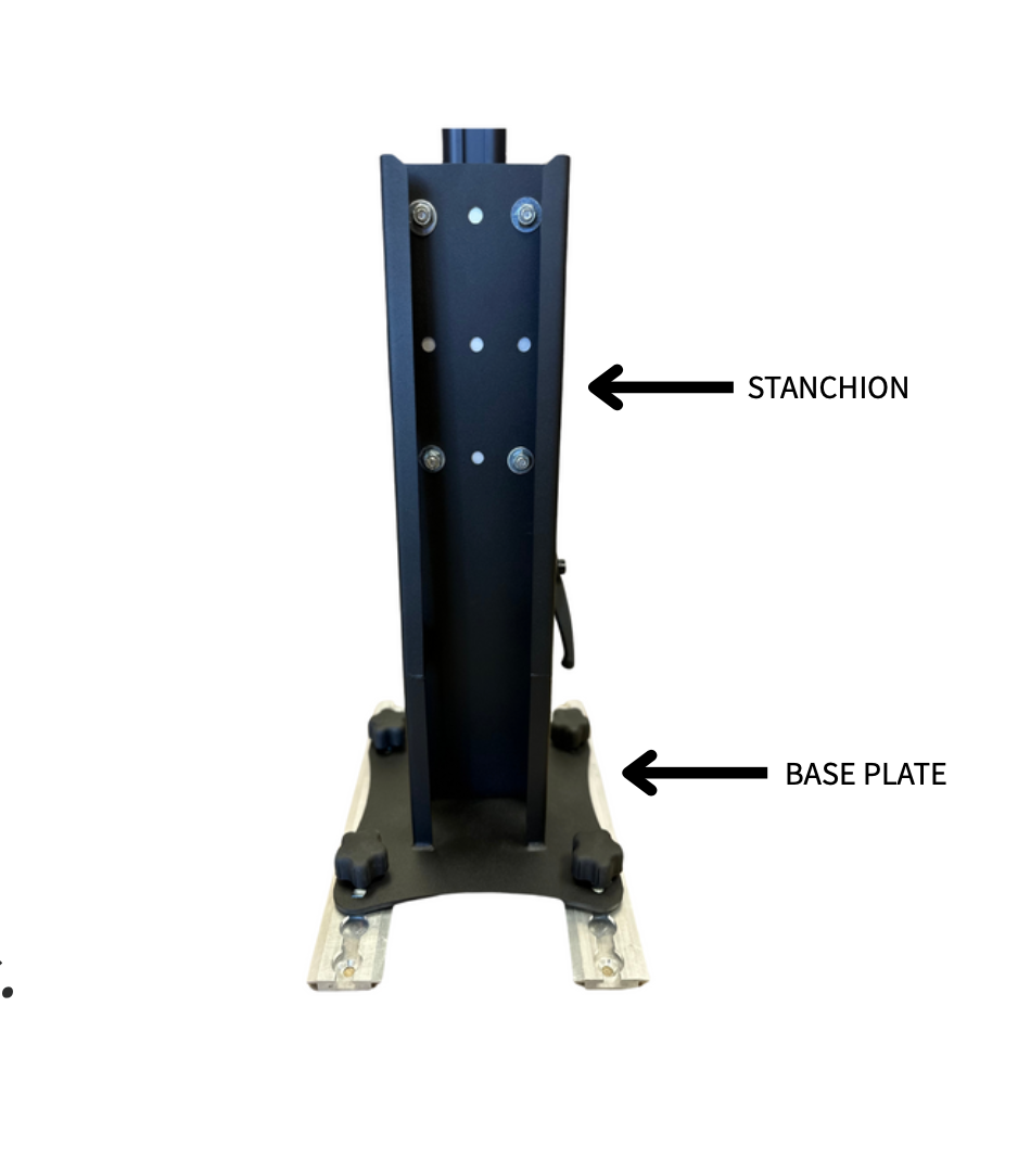Black aluminum Lagun table mount base with L-track hardware for quick-release installation on a Smartfloor system.