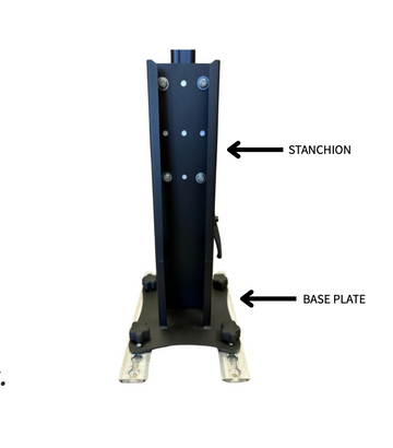 Black aluminum Lagun table mount base with L-track hardware for quick-release installation on a Smartfloor system.