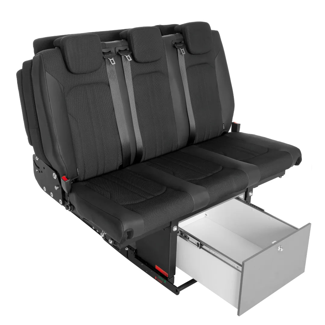 3-passenger Smartbench SAF 43 folding bed bench with integrated 3-point seatbelts and Isofix