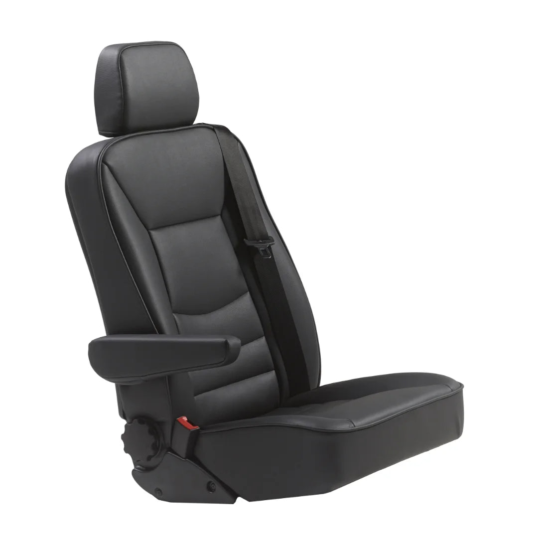 Black leatherette Smartseat EZ XL 19" passenger seat with integrated 3-point belt mounted on a Smartfloor track system.