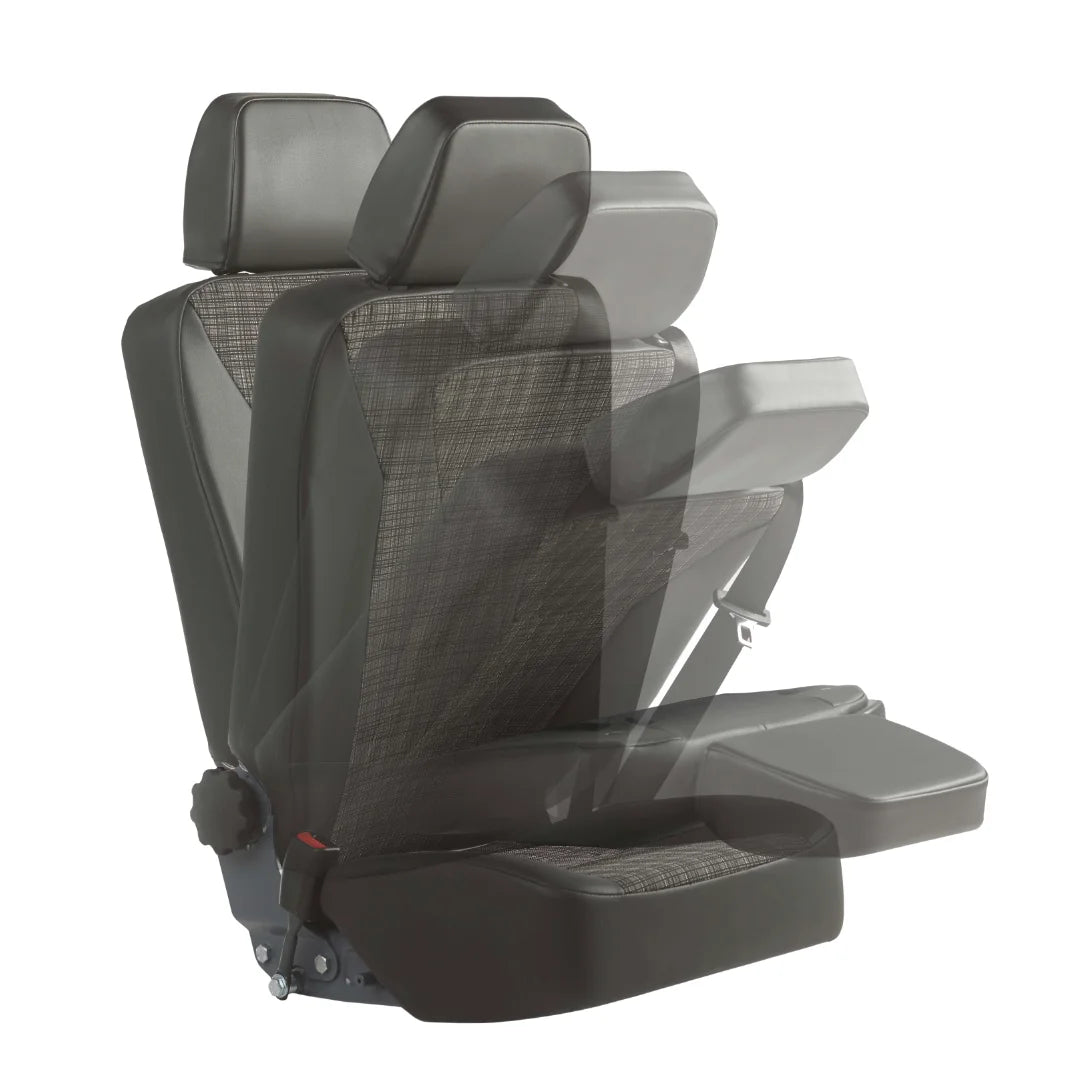 16-inch Smartseat RV passenger seat with foldable table backrest and cup holders, mounted on Smartfloor track.