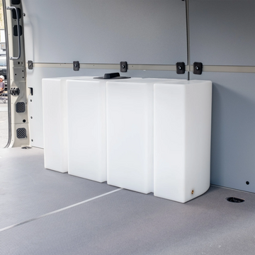 Heavy-duty 59.4 gallon poly wheel well fresh water tank with brass fittings, contoured for Mercedes Sprinter 144 and 170 wheelbase.