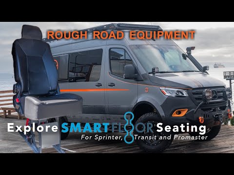 Black leatherette Smartseat EZ XL 19" passenger seat with integrated 3-point belt mounted on a Smartfloor track system explainer video.