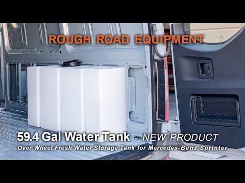 Heavy-duty 59.4 gallon poly wheel well fresh water tank with brass fittings, contoured for Mercedes Sprinter 144 and 170 wheelbase explainer video